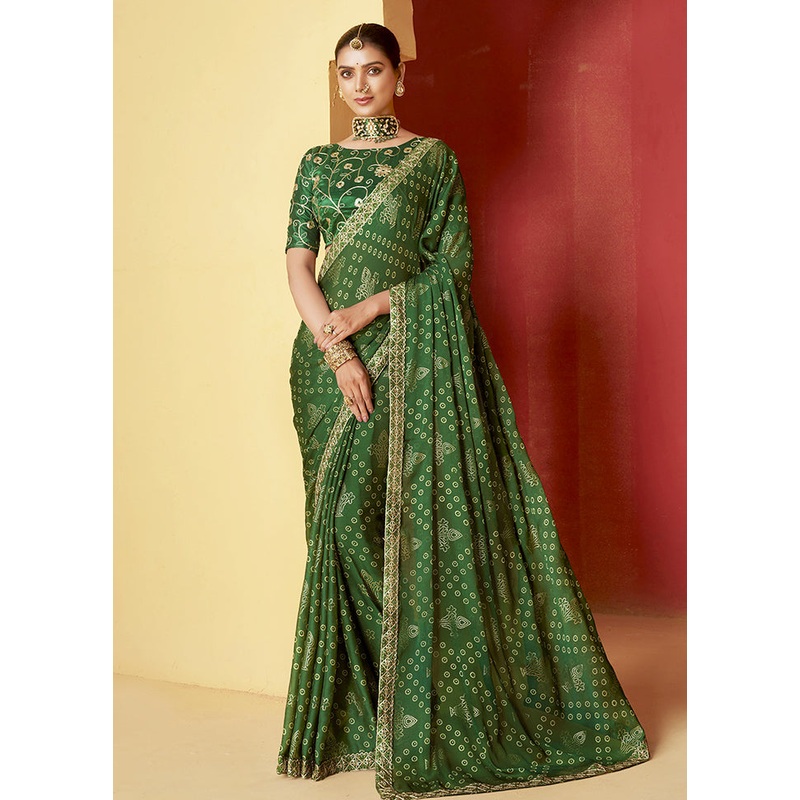 Pine Green Chiffon Silk Saree With Blouse Piece - JD986605502