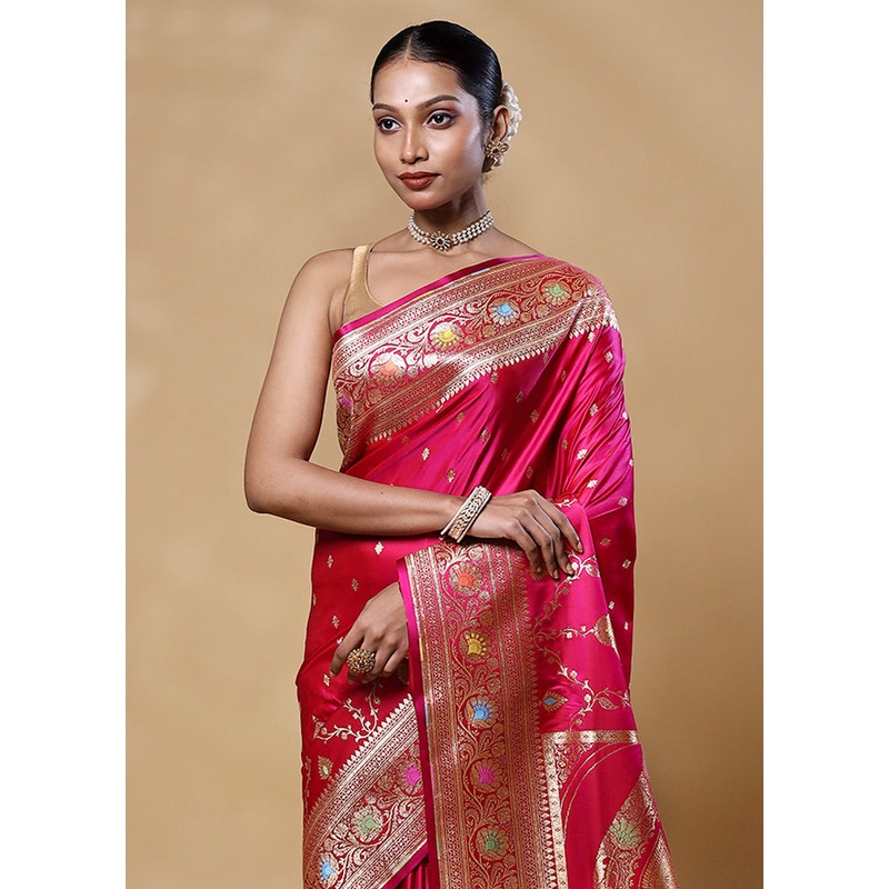 Pink Banarasi Silk Saree With Blouse Piece - JD986605549