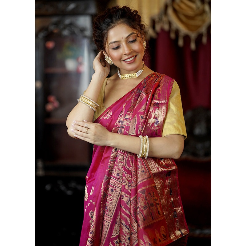 Pink Handloom Baluchari Pure Silk Saree With Blouse Piece - JD986605607