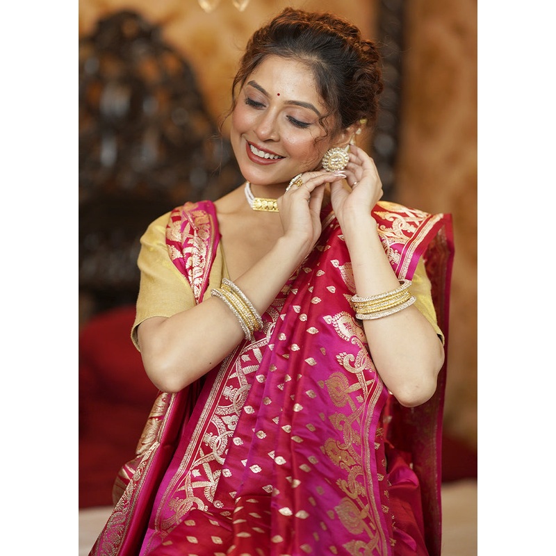 Pink Handloom Banarasi Pure Silk Saree With Blouse Piece - JD986605606