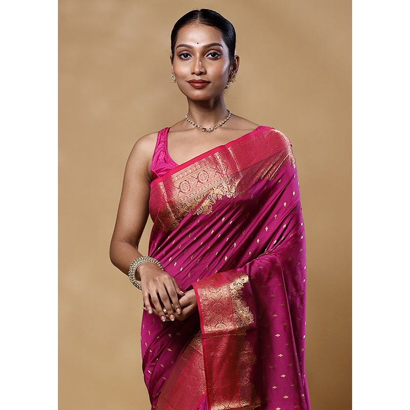 Pink Handloom Kanjivaram Pure Silk Saree With Blouse Piece - JD986605536