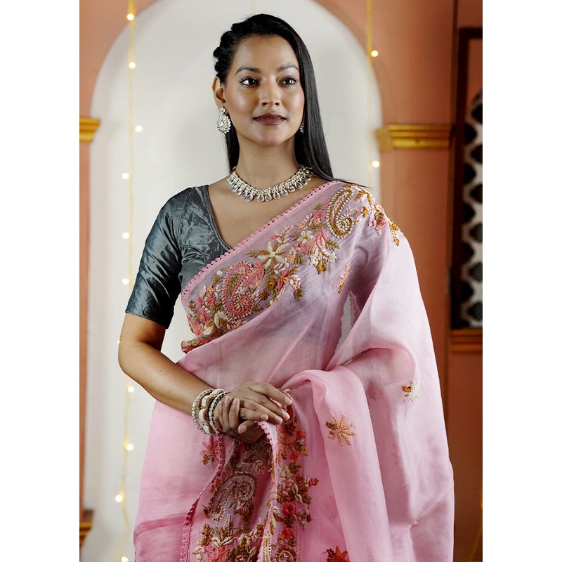 Pink Handloom Pure Organza Saree With Blouse Piece - JD986605603