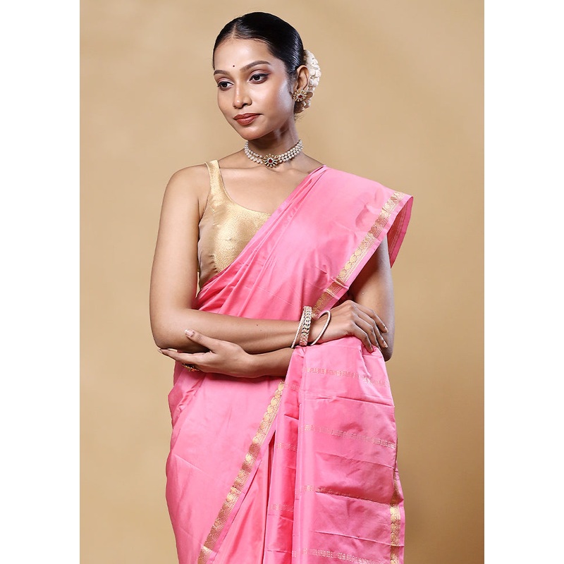 Pink Kanjivaram Silk Saree With Blouse Piece - JD986605548