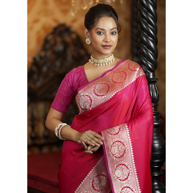 Pink Katan Silk Saree With Blouse Piece - JD986605601