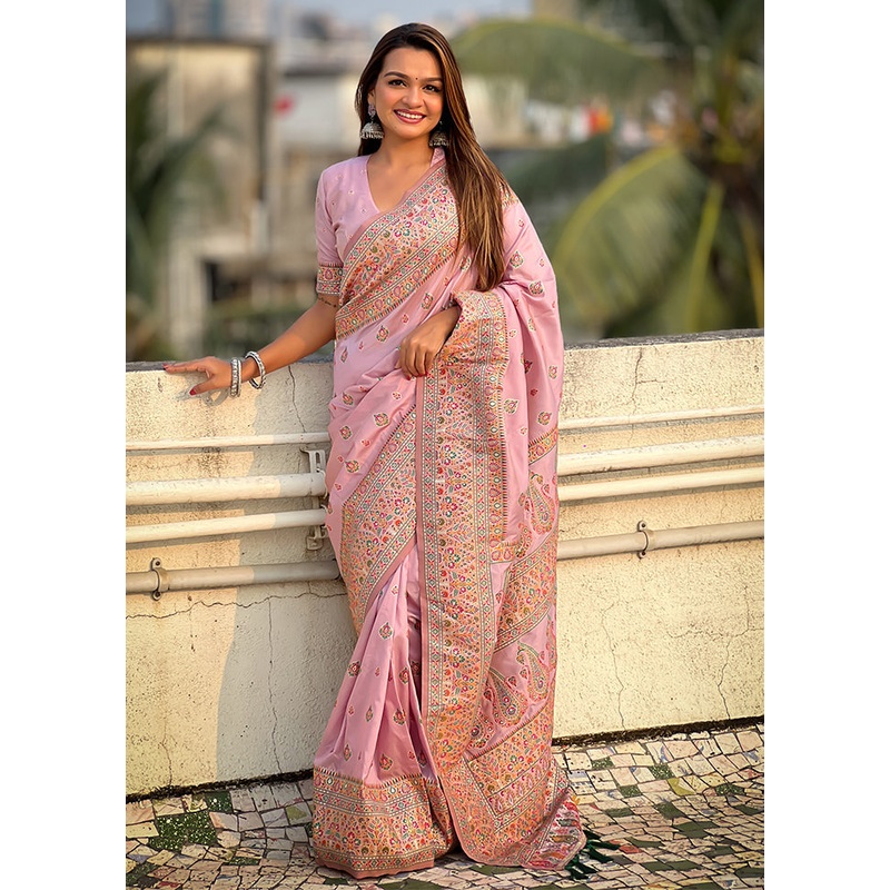 Pink Pasmina Silk Saree With Blouse Piece - JD986605498