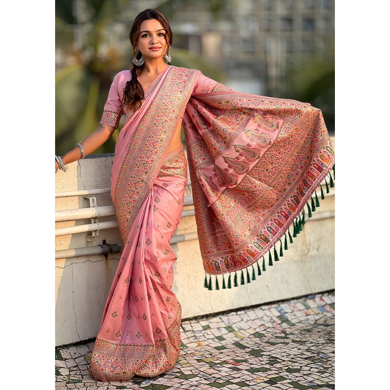 Pink Pasmina Silk Saree With Blouse Piece - JD986605499