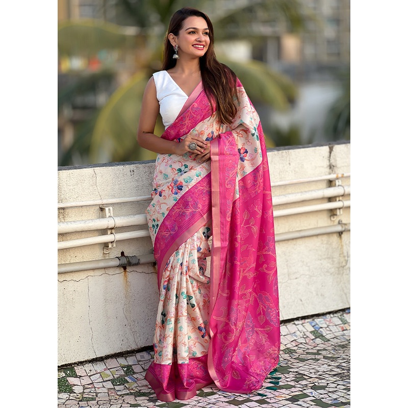 Pink Tussar Silk Saree With Blouse Piece - JD986605495