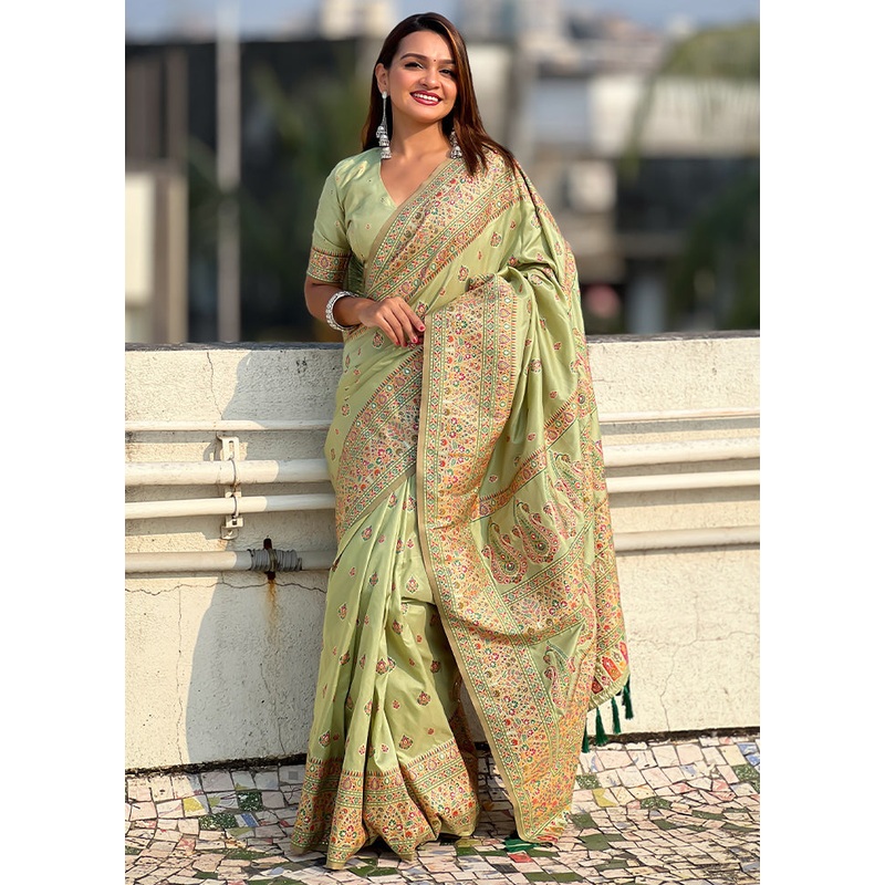 Pista Green Pasmina Silk Saree With Blouse Piece - JD986605493