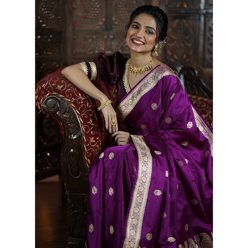 Purple Handloom Katan Pure Silk Saree With Blouse Piece - JD986605597