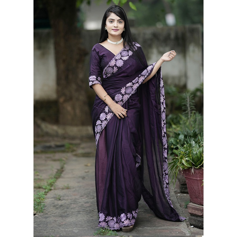 Purple Spun Silk Saree With Blouse Piece - JD986605489