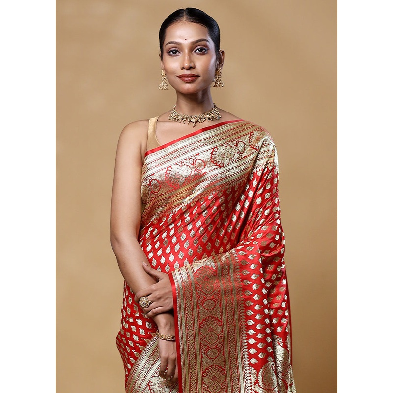 Red Banarasi Silk Saree With Blouse Piece - JD986605542