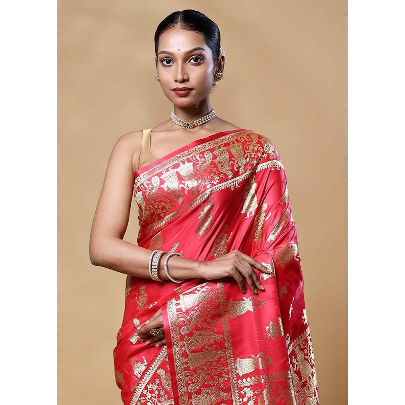 Red Banarasi Silk Saree With Blouse Piece - JD986605543