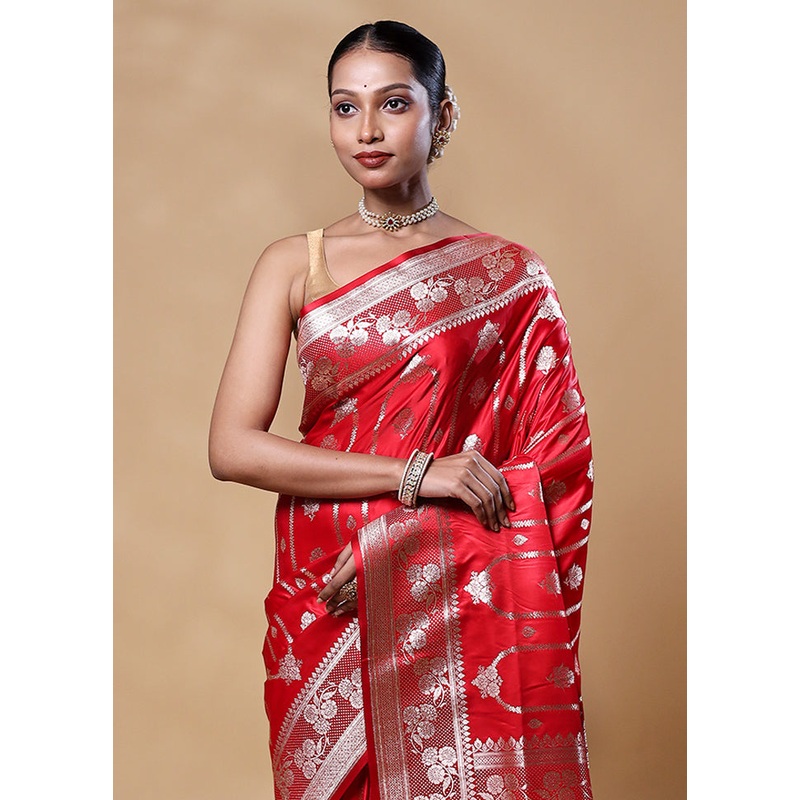 Red Banarasi Silk Saree With Blouse Piece - JD986605544