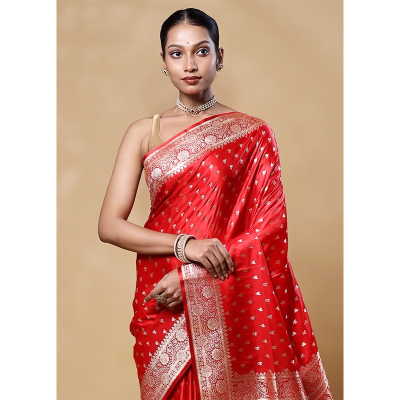 Red Banarasi Silk Saree With Blouse Piece - JD986605545