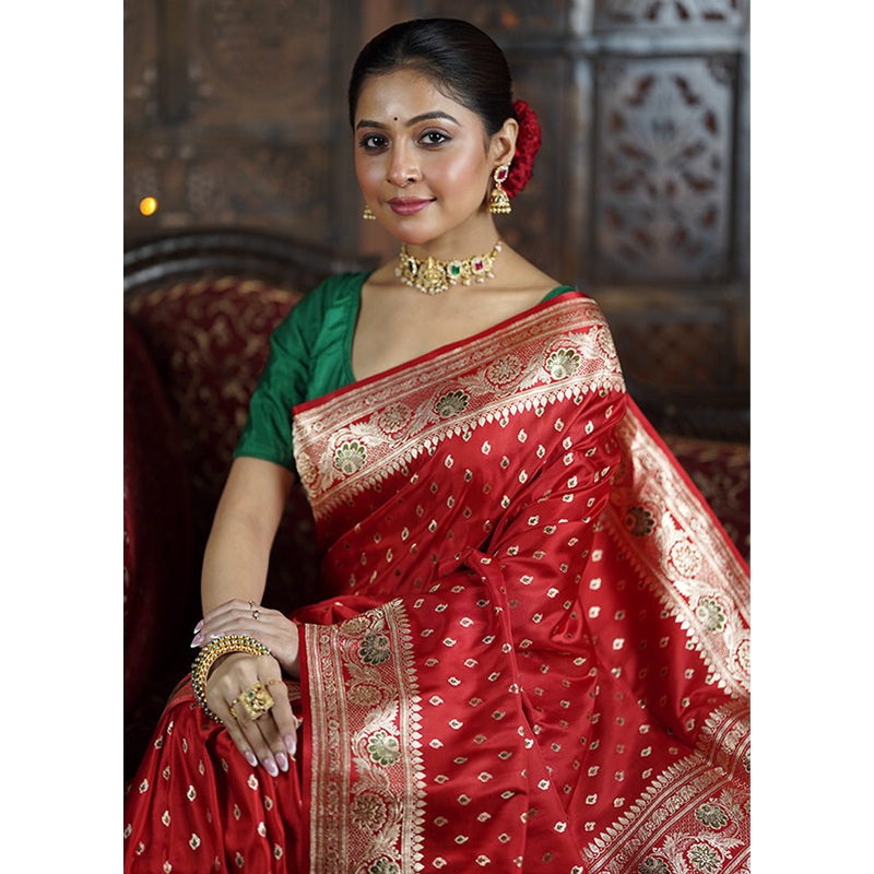 Red Handloom Banarasi Pure Silk Saree With Blouse Piece - JD986605596