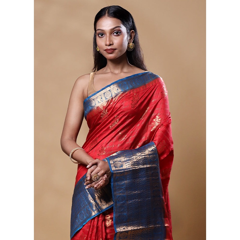 Red Handloom Dupion Pure Silk Saree With Blouse Piece - JD986605540