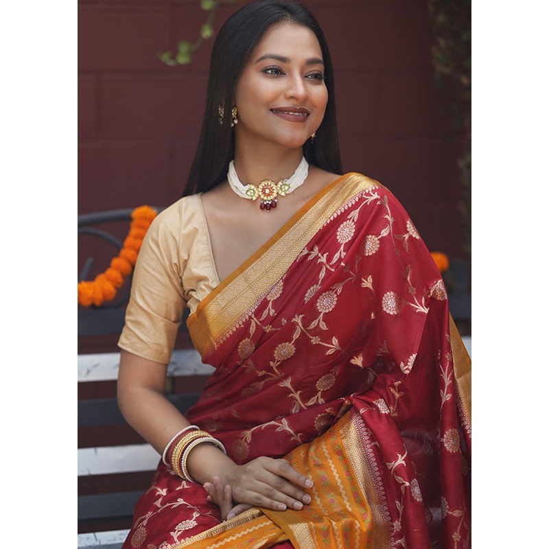 Red Handloom Dupion Pure Silk Saree With Blouse Piece - JD986605595