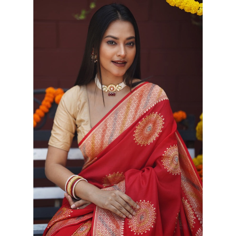 Red Handloom Pure Georgette Saree With Blouse Piece - JD986605594