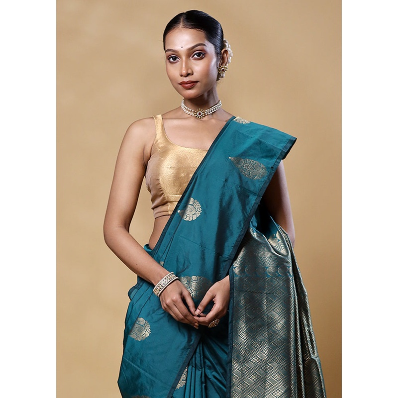 Sea Green Kanjivaram Silk Saree With Blouse Piece - JD986605538