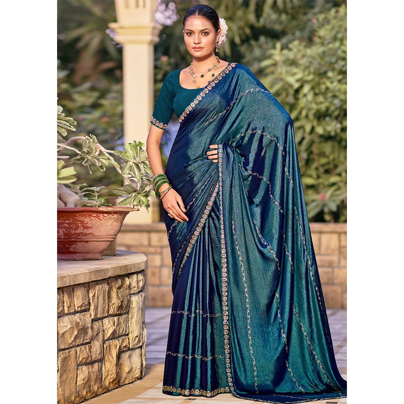 Teal Chiffon Silk Saree With Blouse Piece - JD986605584