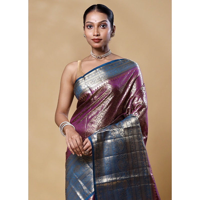Violet Handloom Kora Pure Silk Saree With Blouse Piece - JD986605535