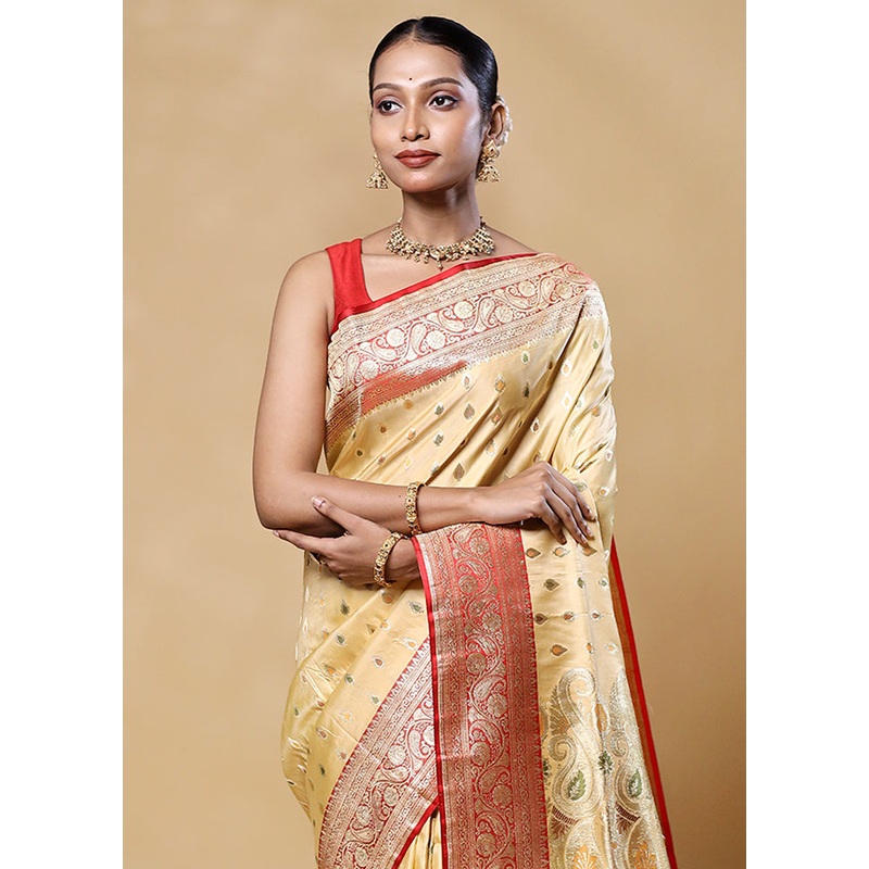 Yellow Handloom Banarasi Pure Silk Saree With Blouse Piece - JD986605532