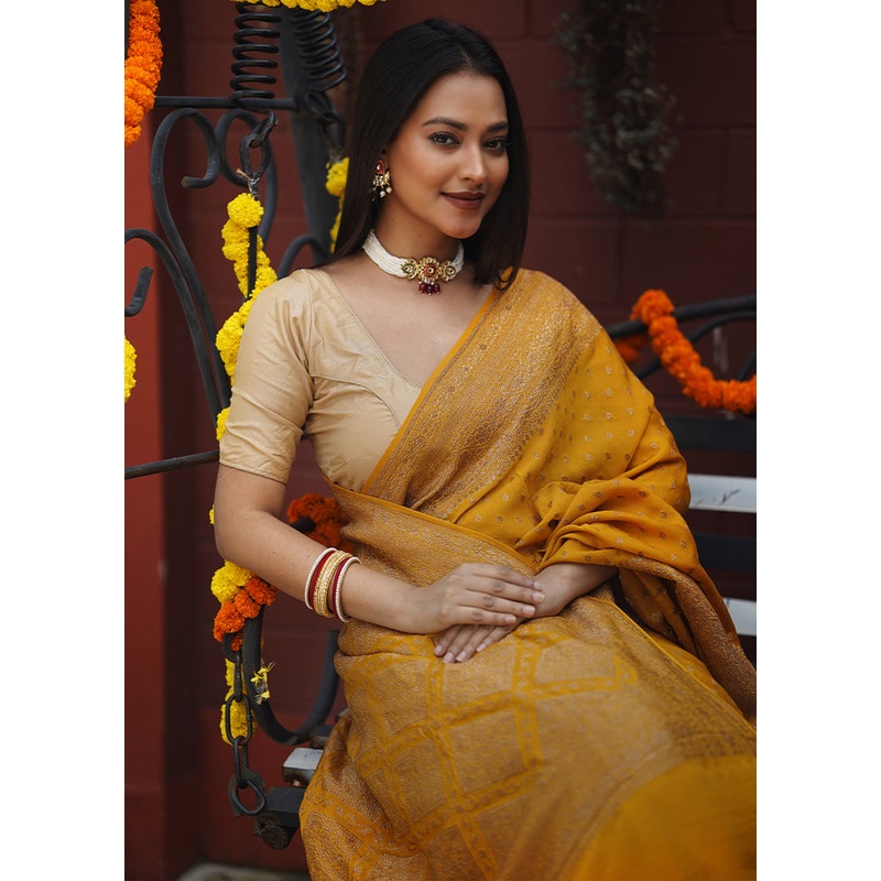 Yellow Handloom Pure Georgette Saree With Blouse Piece - JD986605590