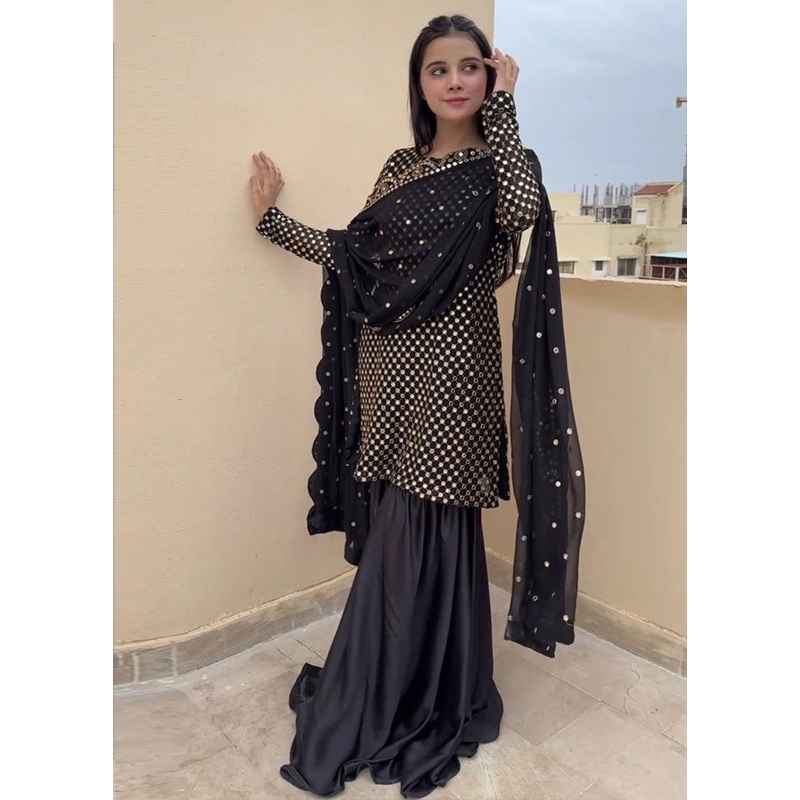 3 Pc Black Readymade Georgette Dupatta Suit Set - JD986605403