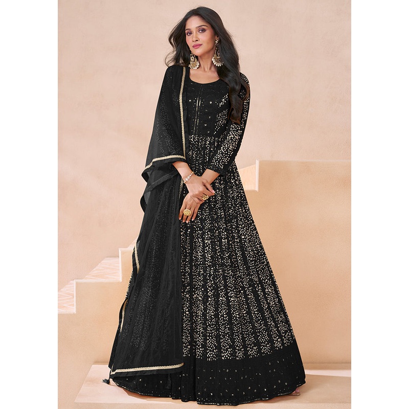3 Pc Black Semi Stitched Georgette Suit Set - JD986605457