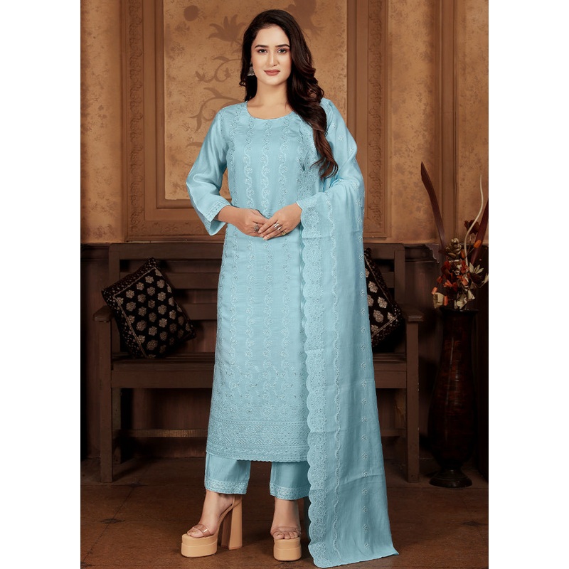3 Pc Blue Readymade Chanderi Suit Set - JD986605476