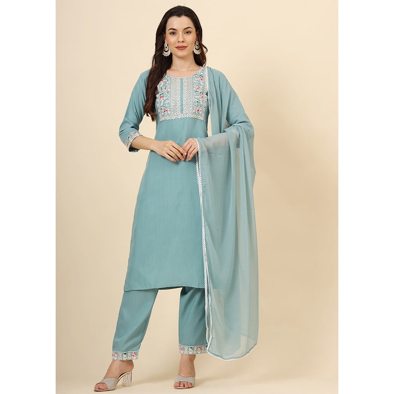 3 Pc Blue Readymade Cotton Suit Set - JD986605475