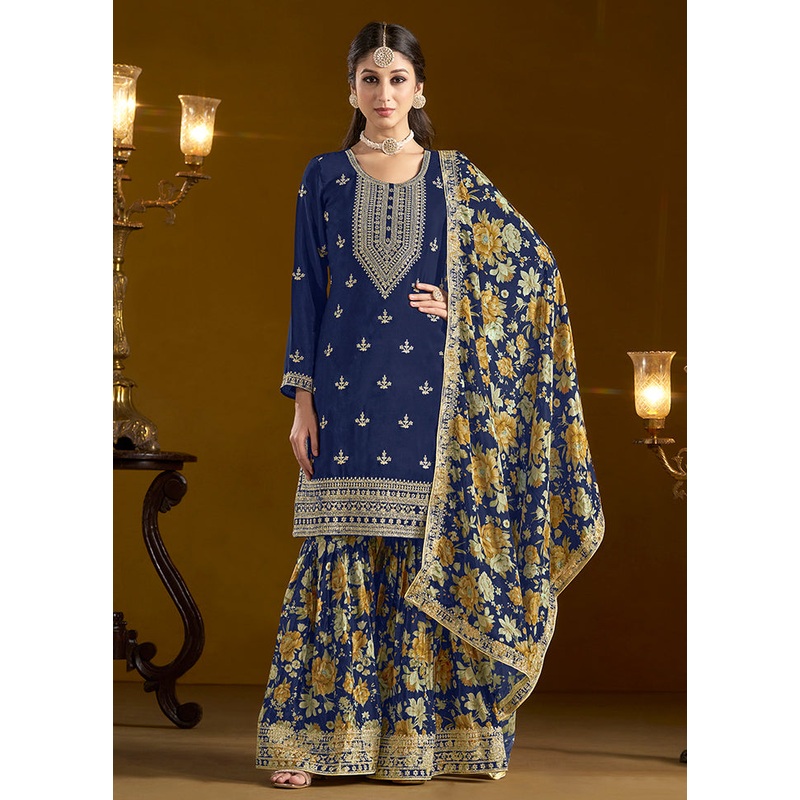 3 Pc Blue Readymade Silk Dupatta Suit Set - JD986605325