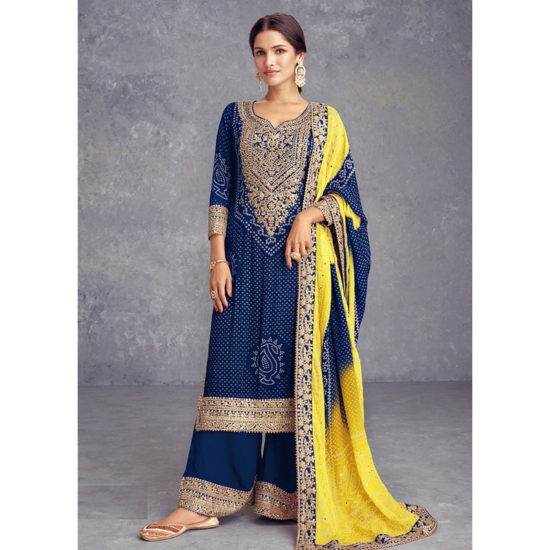 3 Pc Blue Semi Stitched Silk Suit Set - JD986605456