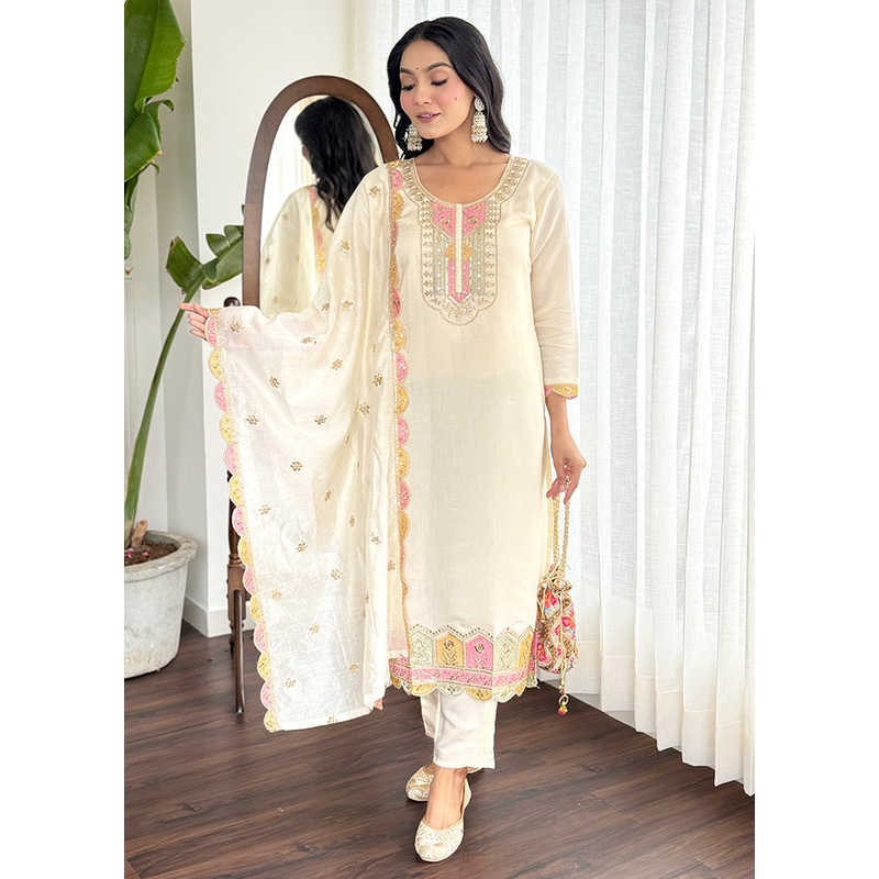 3 Pc Cream Readymade Chanderi Suit Set - JD986605474
