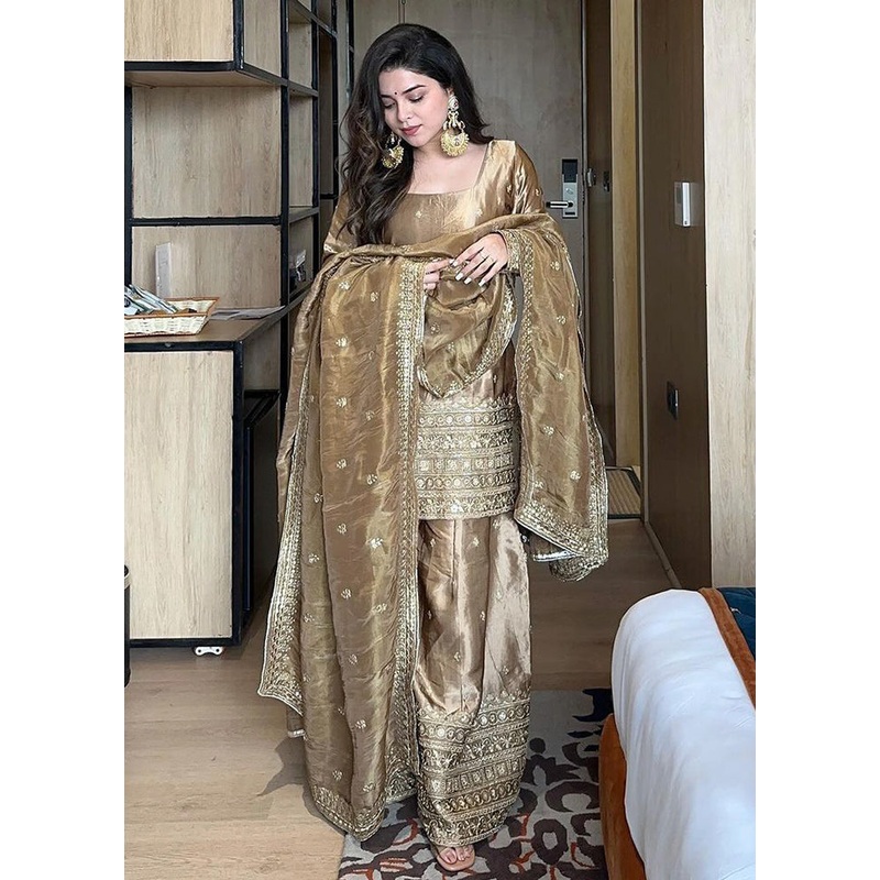 3 Pc Gold Readymade Silk Dupatta Suit Set - JD986605399