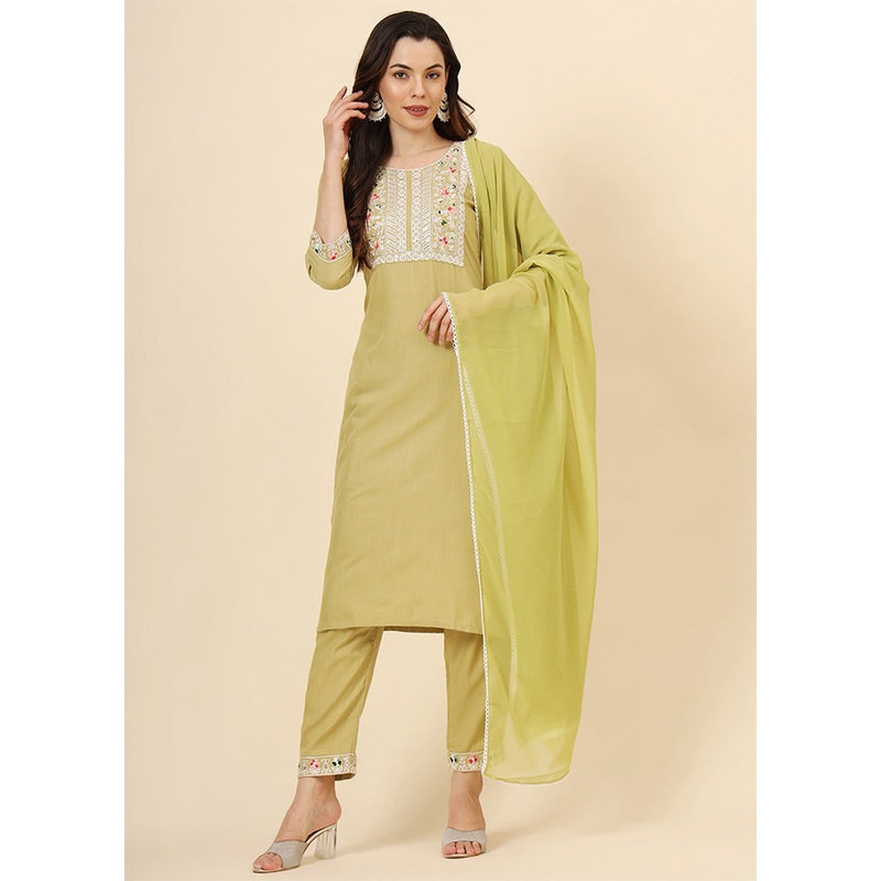 3 Pc Green Readymade Cotton Suit Set - JD986605473