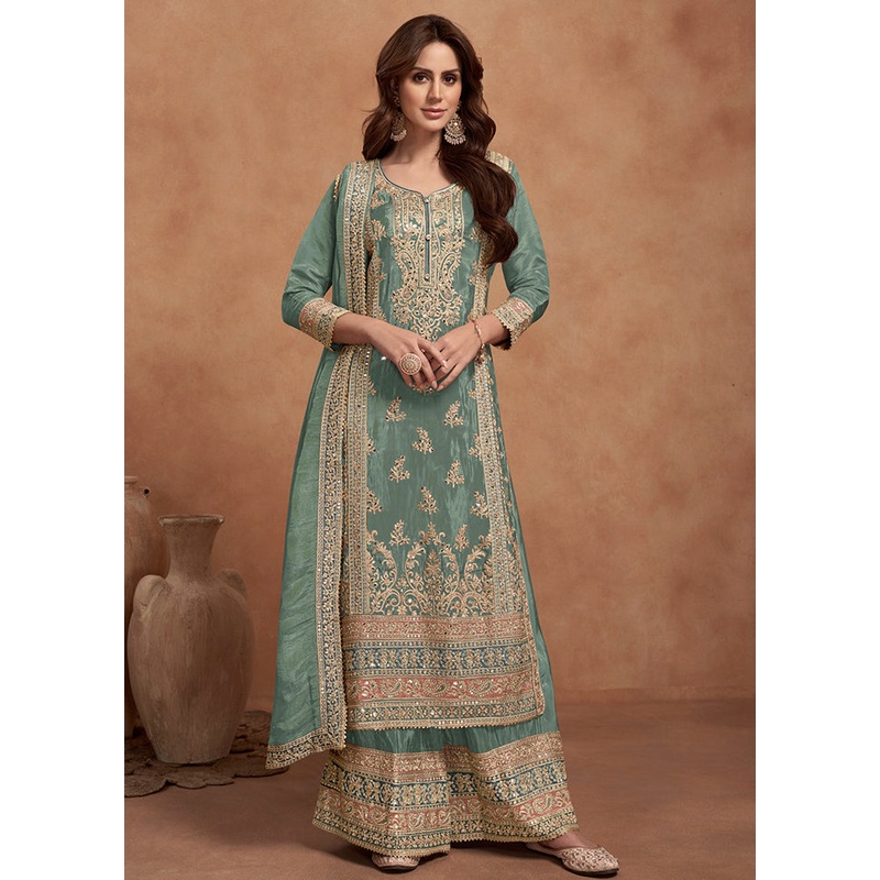 3 Pc Green Readymade Silk Dupatta Suit Set - JD986605324