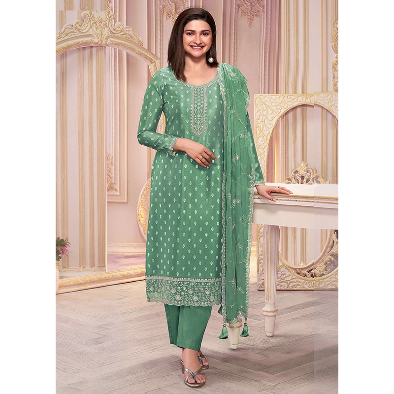 3 Pc Green Semi Stitched Georgette Suit Set - JD986605455