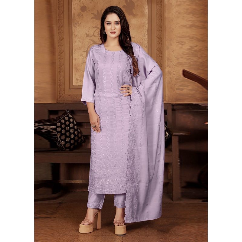 3 Pc Lavender Readymade Chanderi Suit Set - JD986605472