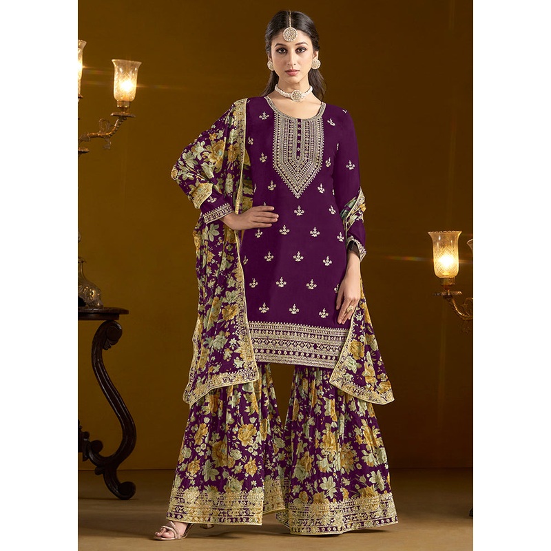 3 Pc Magenta Readymade Silk Dupatta Suit Set - JD986605322