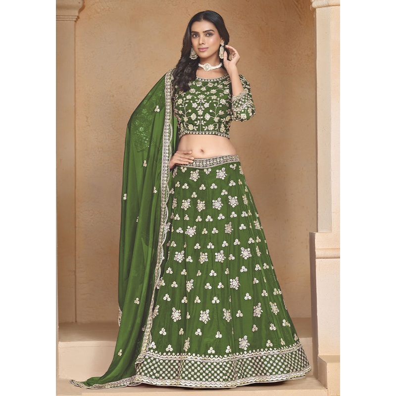 3 Pc Mehendi Net Semi Stitched Lehenga Set - JD986605411