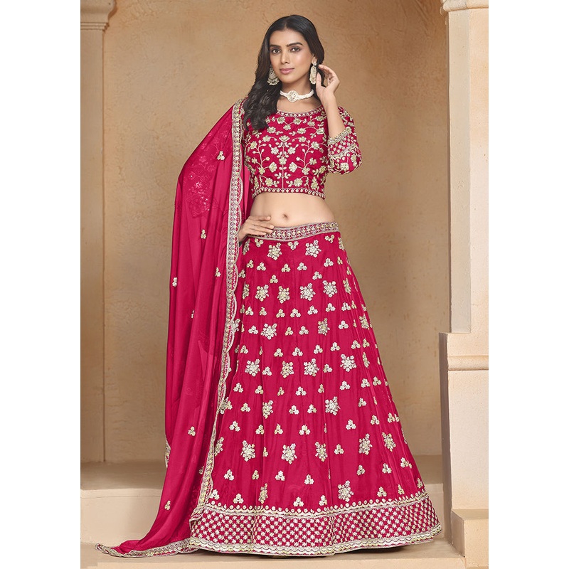 3 Pc Pink Net Semi Stitched Lehenga Set - JD986605410