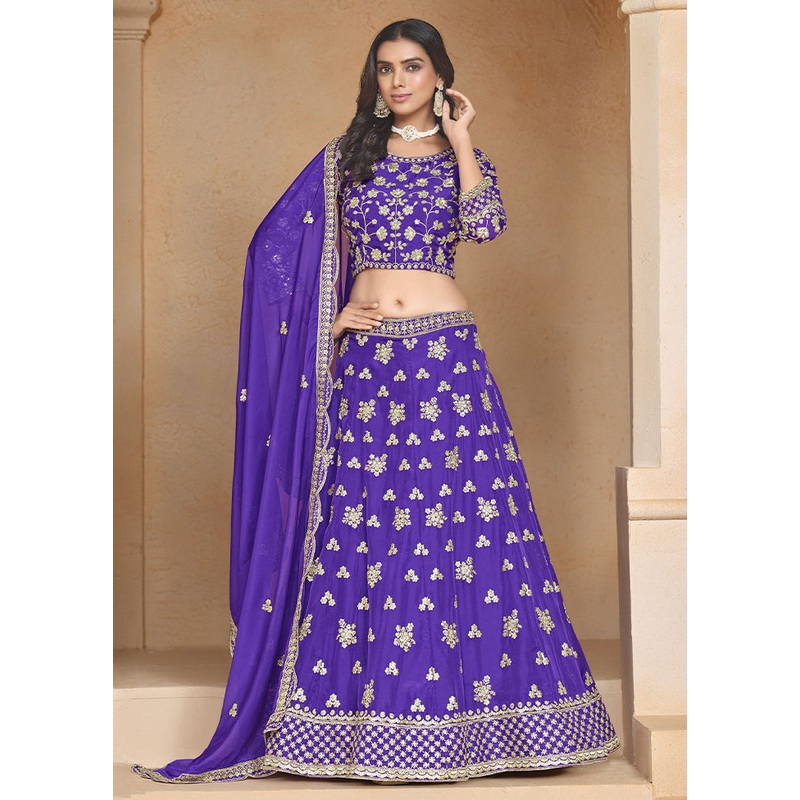 3 Pc Purple Net Semi Stitched Lehenga Set - JD986605409
