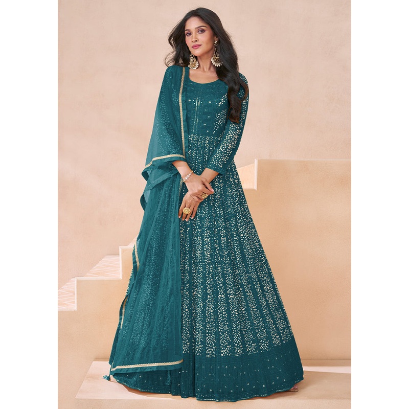 3 Pc Teal Semi Stitched Georgette Suit Set - JD986605440