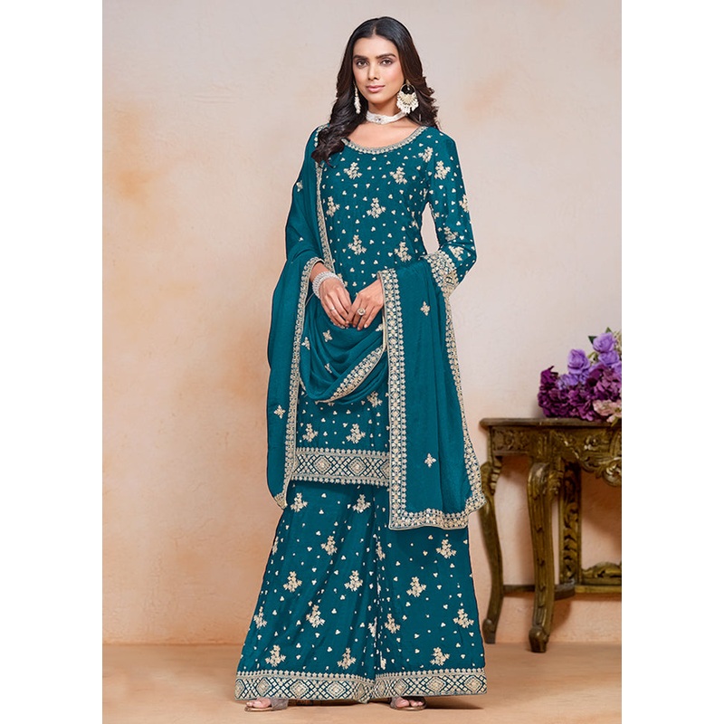 3 Pc Teal Semi Stitched Silk Suit Set - JD986605439