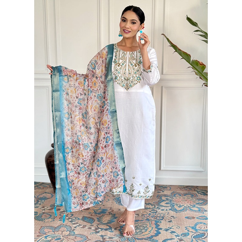 3 Pc White Readymade Chanderi Suit Set - JD986605459
