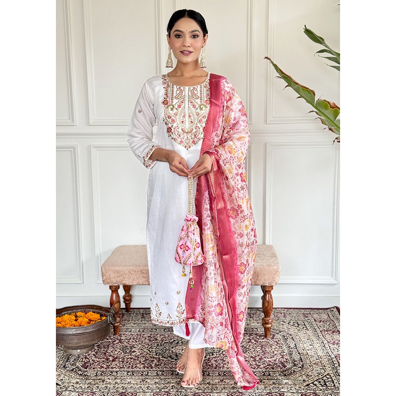 3 Pc White Readymade Chanderi Suit Set - JD986605460
