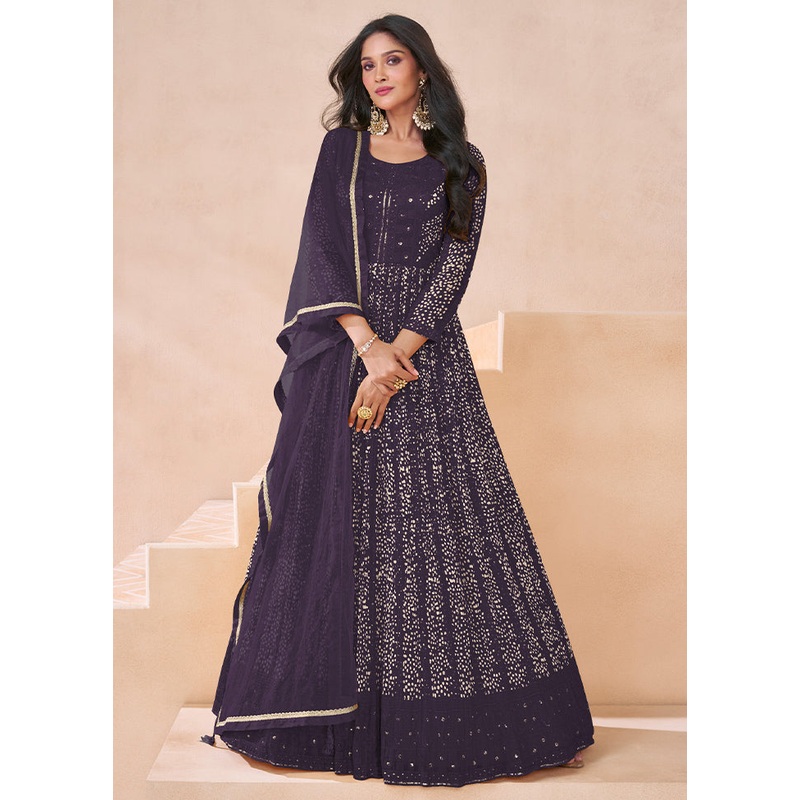3 Pc Wine Semi Stitched Georgette Suit Set - JD986605438
