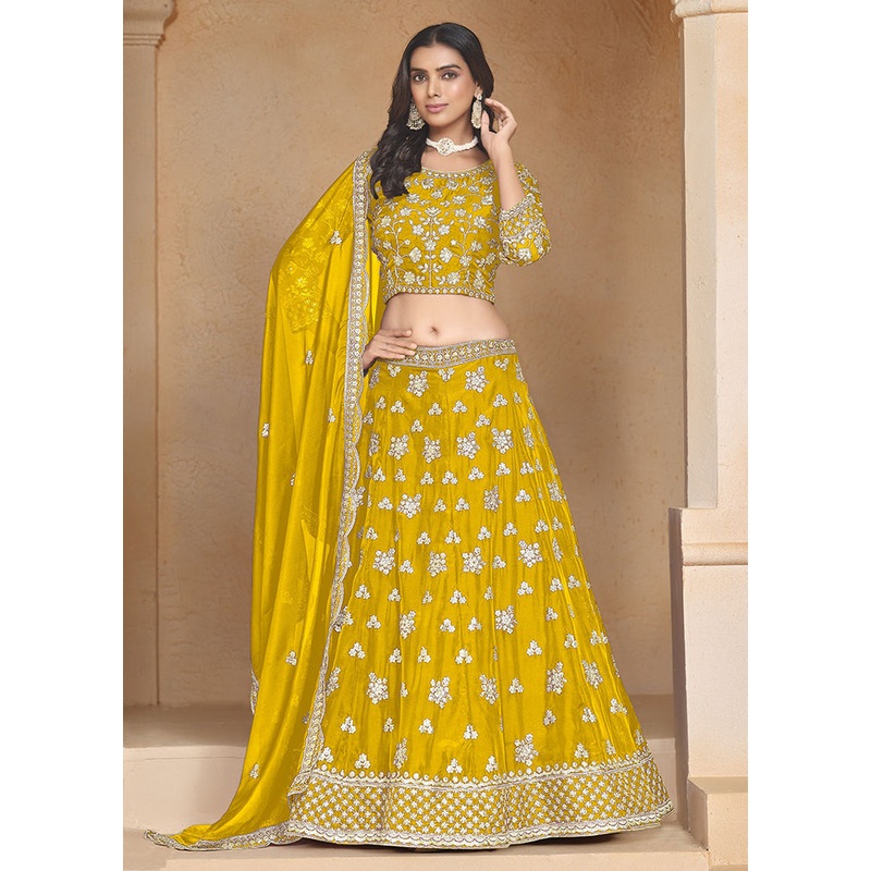 3 Pc Yellow Net Semi Stitched Lehenga Set - JD986605408