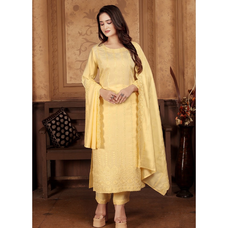 3 Pc Yellow Readymade Chanderi Suit Set - JD986605458